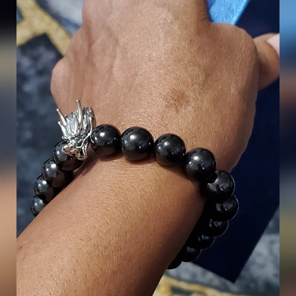 Elite Shungite Beaded Stretch Bracelet With Silver Dragon Head Charm